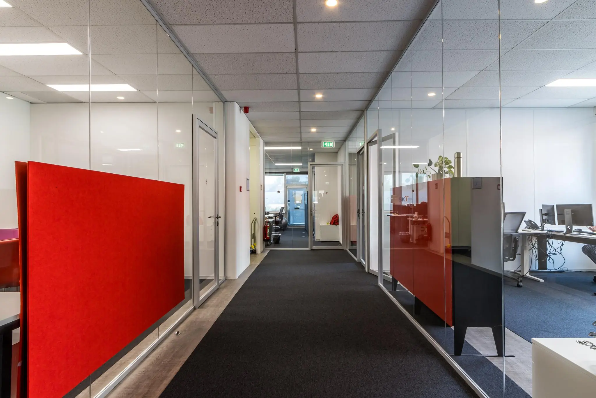 Moderne kantoorruimte aan de Jan van Eycklaan met glazen scheidingswanden en rode akoestische panelen.